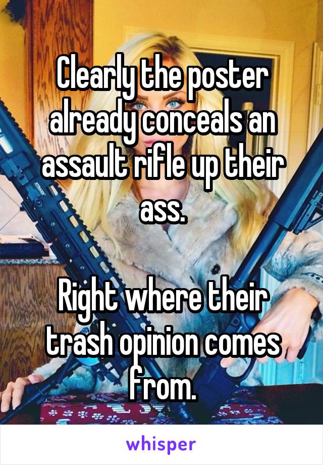Clearly the poster already conceals an assault rifle up their ass.

Right where their trash opinion comes from.