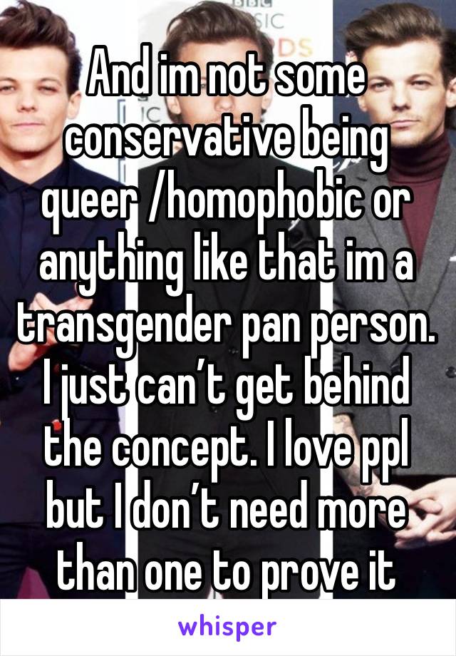 And im not some conservative being queer /homophobic or anything like that im a transgender pan person. I just can’t get behind the concept. I love ppl but I don’t need more than one to prove it 