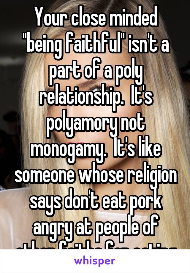 Your close minded "being faithful" isn't a part of a poly relationship.  It's polyamory not monogamy.  It's like someone whose religion says don't eat pork angry at people of other faiths for eating