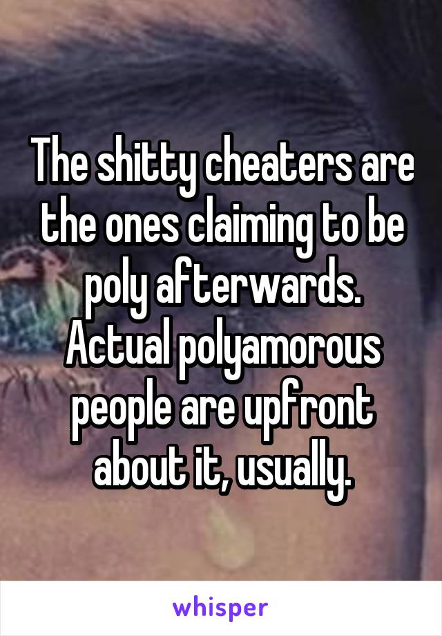 The shitty cheaters are the ones claiming to be poly afterwards. Actual polyamorous people are upfront about it, usually.