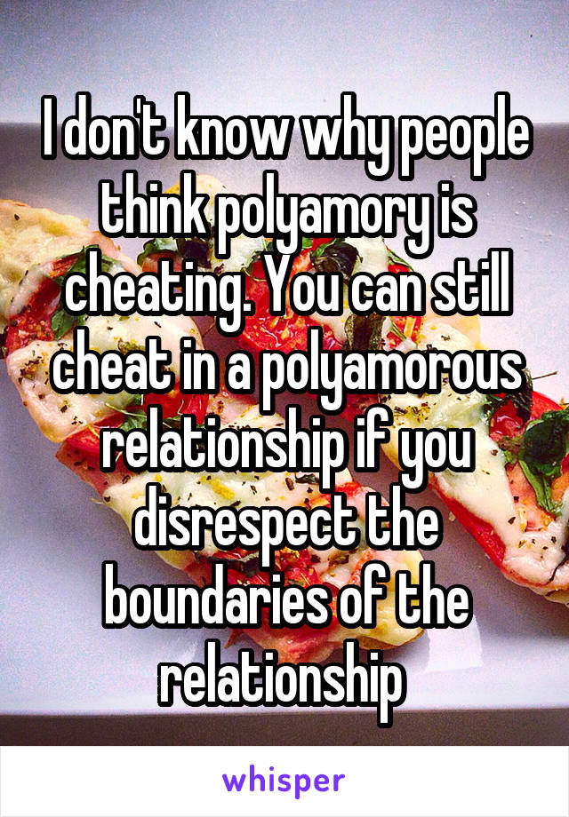 I don't know why people think polyamory is cheating. You can still cheat in a polyamorous relationship if you disrespect the boundaries of the relationship 