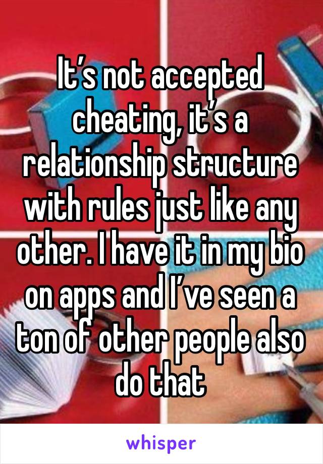 It’s not accepted cheating, it’s a relationship structure with rules just like any other. I have it in my bio on apps and I’ve seen a ton of other people also do that 