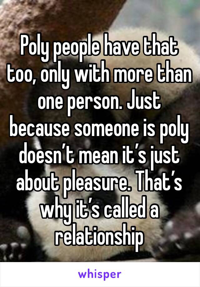 Poly people have that too, only with more than one person. Just because someone is poly doesn’t mean it’s just about pleasure. That’s why it’s called a relationship