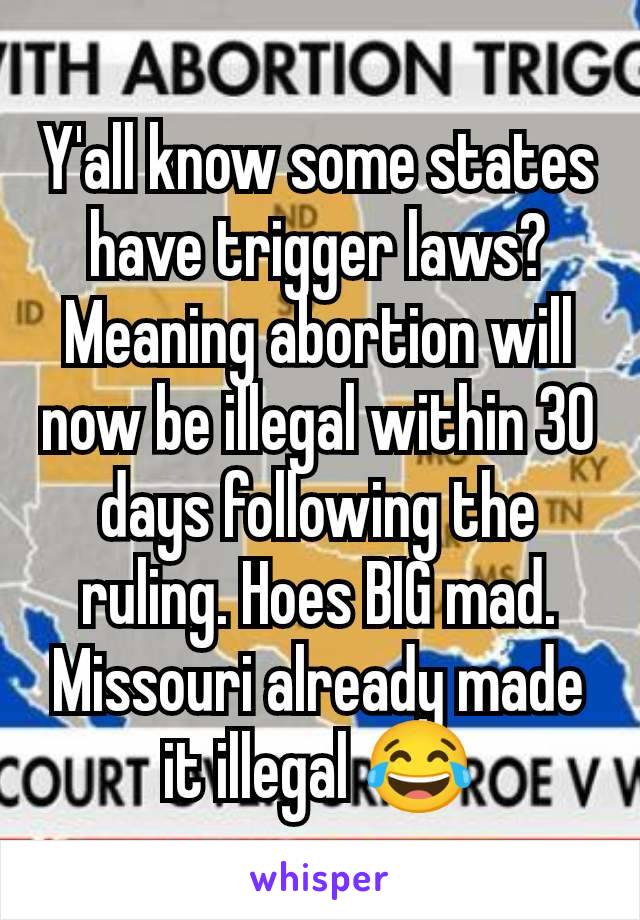 Y'all know some states have trigger laws? Meaning abortion will now be illegal within 30 days following the ruling. Hoes BIG mad. Missouri already made it illegal 😂