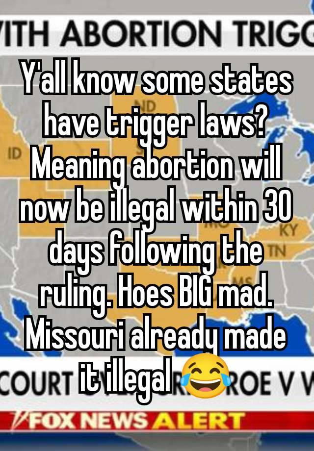 Y'all know some states have trigger laws? Meaning abortion will now be illegal within 30 days following the ruling. Hoes BIG mad. Missouri already made it illegal 😂