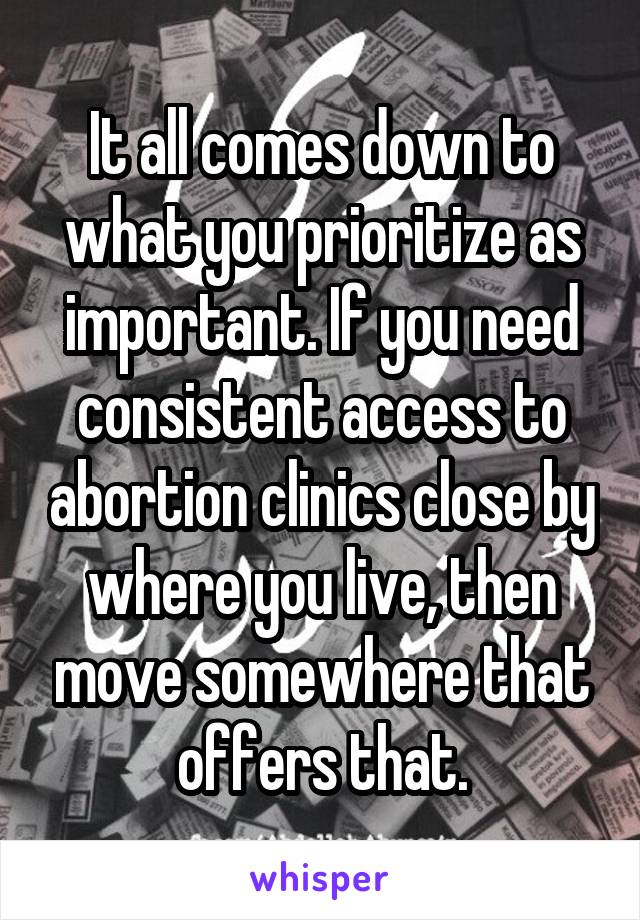 It all comes down to what you prioritize as important. If you need consistent access to abortion clinics close by where you live, then move somewhere that offers that.