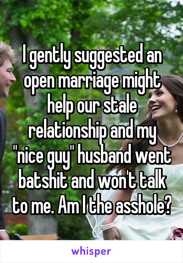 I gently suggested an open marriage might help our stale relationship and my "nice guy" husband went batshit and won't talk to me. Am I the asshole?