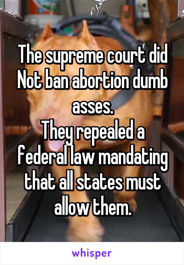 The supreme court did Not ban abortion dumb asses.
They repealed a federal law mandating that all states must allow them.