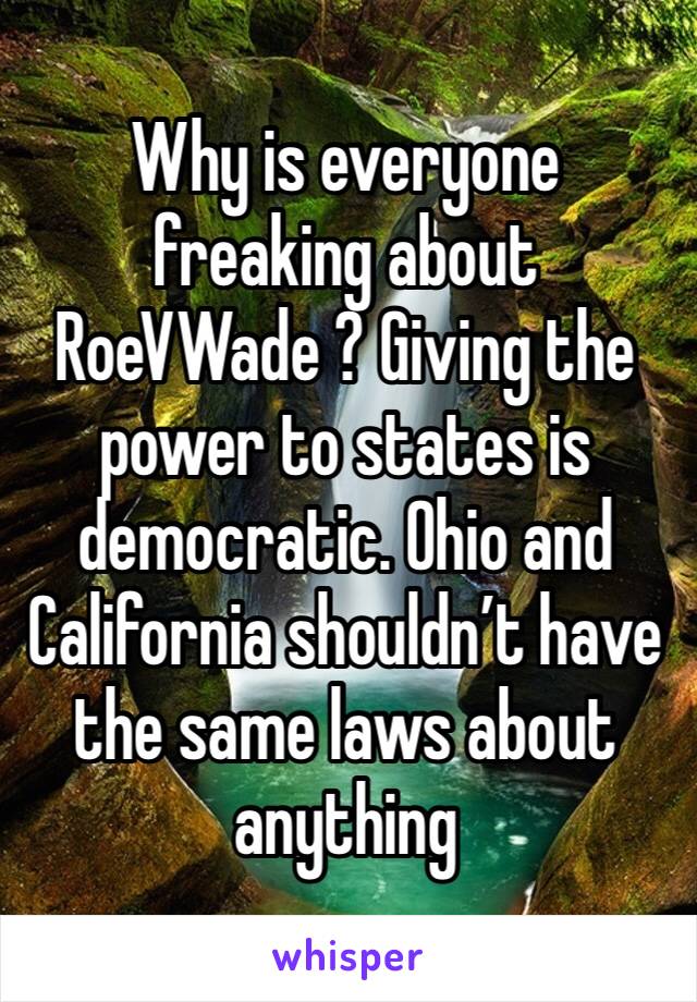 Why is everyone freaking about RoeVWade ? Giving the power to states is democratic. Ohio and California shouldn’t have the same laws about anything 