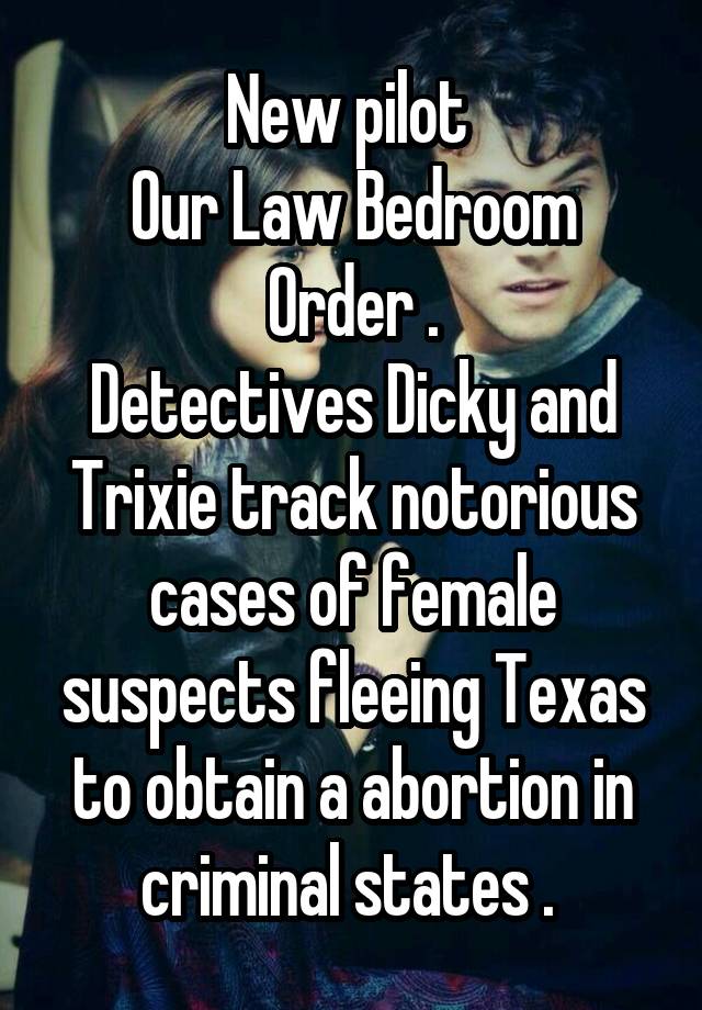 New pilot 
Our Law Bedroom Order .
Detectives Dicky and Trixie track notorious cases of female suspects fleeing Texas to obtain a abortion in criminal states . 