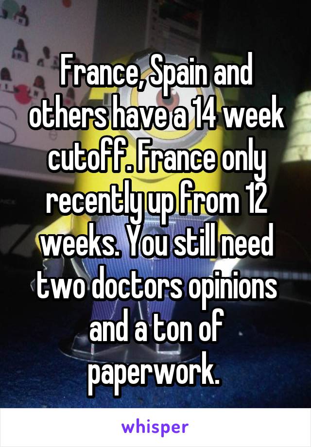 France, Spain and others have a 14 week cutoff. France only recently up from 12 weeks. You still need two doctors opinions and a ton of paperwork. 