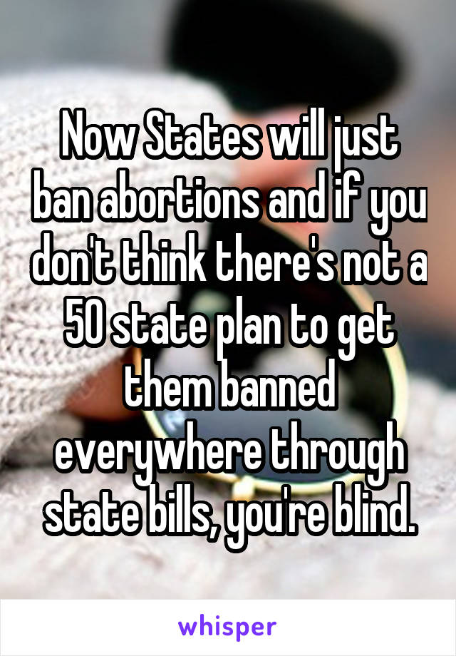 Now States will just ban abortions and if you don't think there's not a 50 state plan to get them banned everywhere through state bills, you're blind.