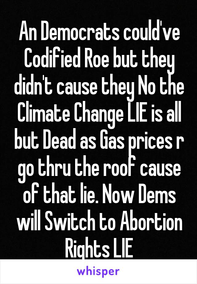 An Democrats could've Codified Roe but they didn't cause they No the Climate Change LIE is all but Dead as Gas prices r go thru the roof cause of that lie. Now Dems will Switch to Abortion Rights LIE