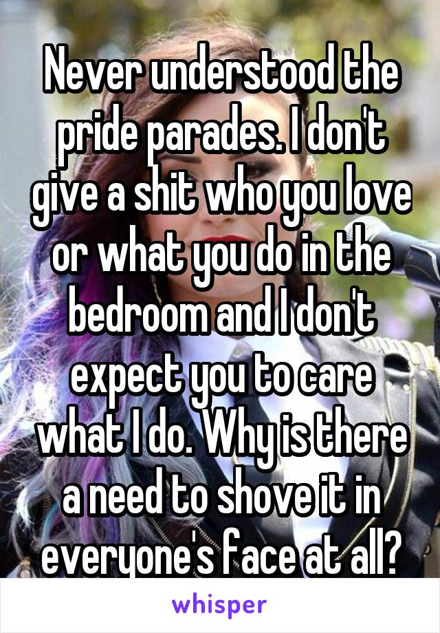 Never understood the pride parades. I don't give a shit who you love or what you do in the bedroom and I don't expect you to care what I do. Why is there a need to shove it in everyone's face at all?