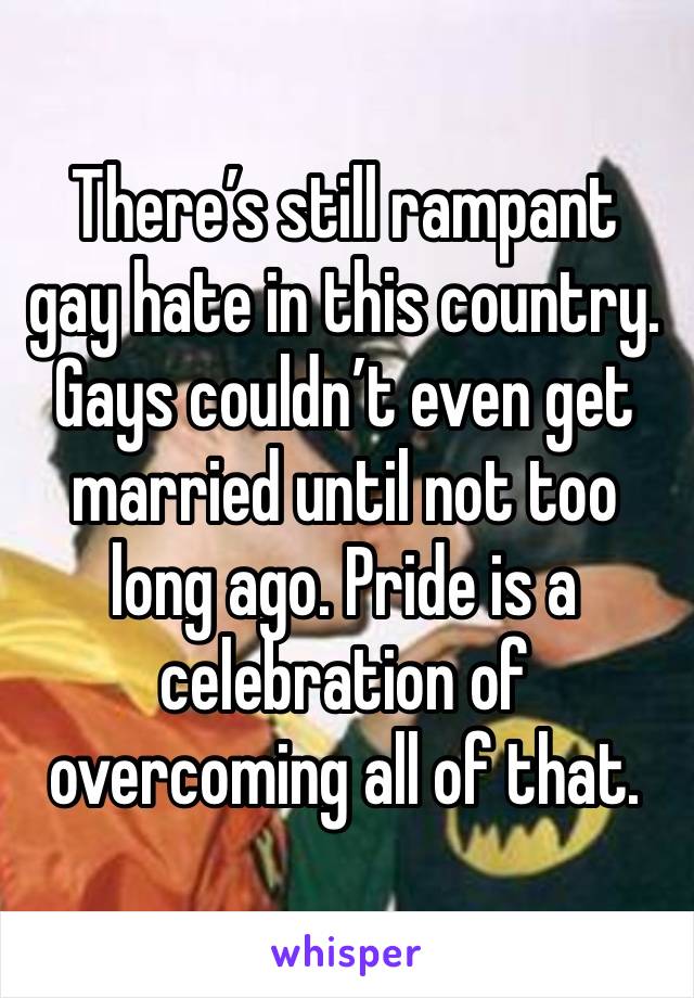 There’s still rampant gay hate in this country. Gays couldn’t even get married until not too long ago. Pride is a celebration of overcoming all of that.