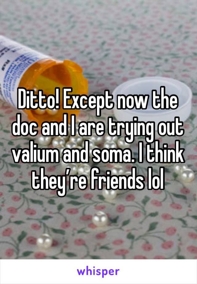 Ditto! Except now the doc and I are trying out valium and soma. I think they’re friends lol