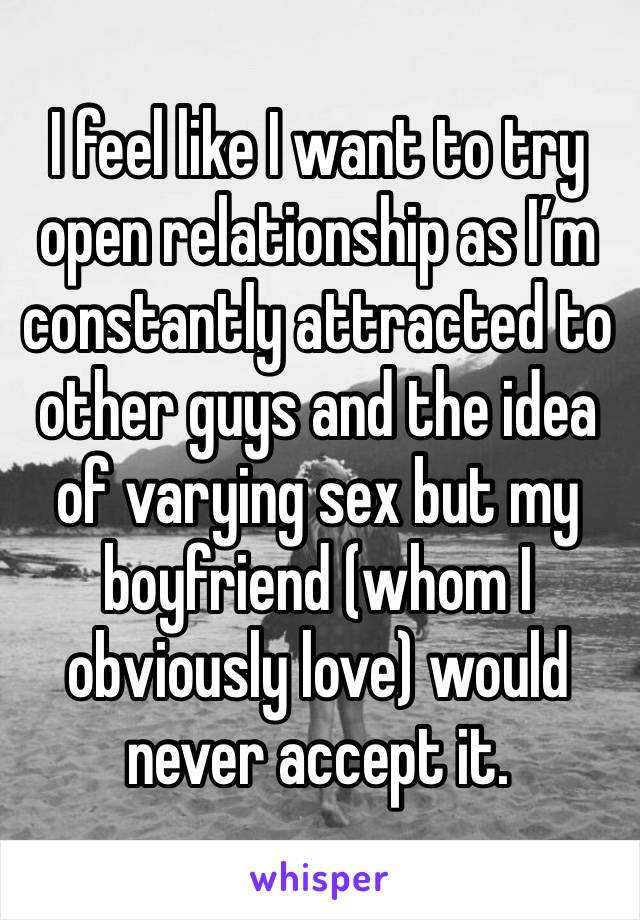 I feel like I want to try open relationship as I’m constantly attracted to other guys and the idea of varying sex but my boyfriend (whom I obviously love) would never accept it. 
