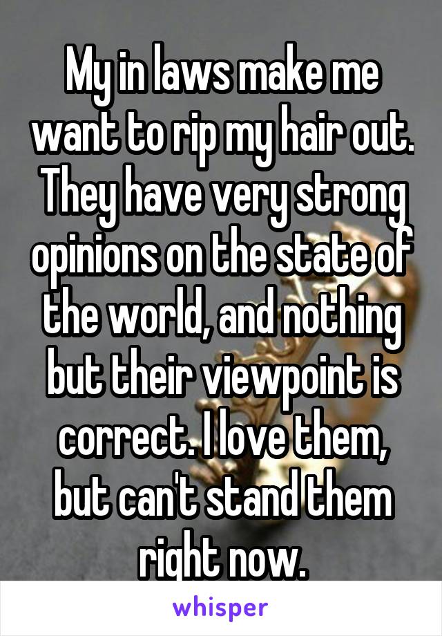 My in laws make me want to rip my hair out. They have very strong opinions on the state of the world, and nothing but their viewpoint is correct. I love them, but can't stand them right now.