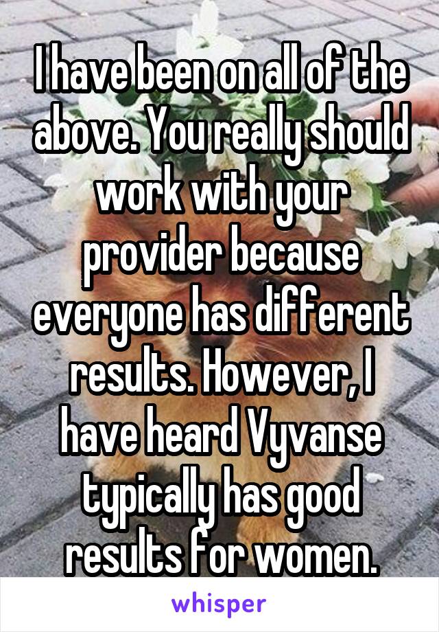 I have been on all of the above. You really should work with your provider because everyone has different results. However, I have heard Vyvanse typically has good results for women.