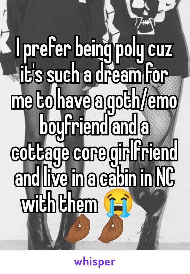 I prefer being poly cuz it's such a dream for me to have a goth/emo boyfriend and a cottage core girlfriend and live in a cabin in NC with them 😭🖤🤌🏾🤌🏾