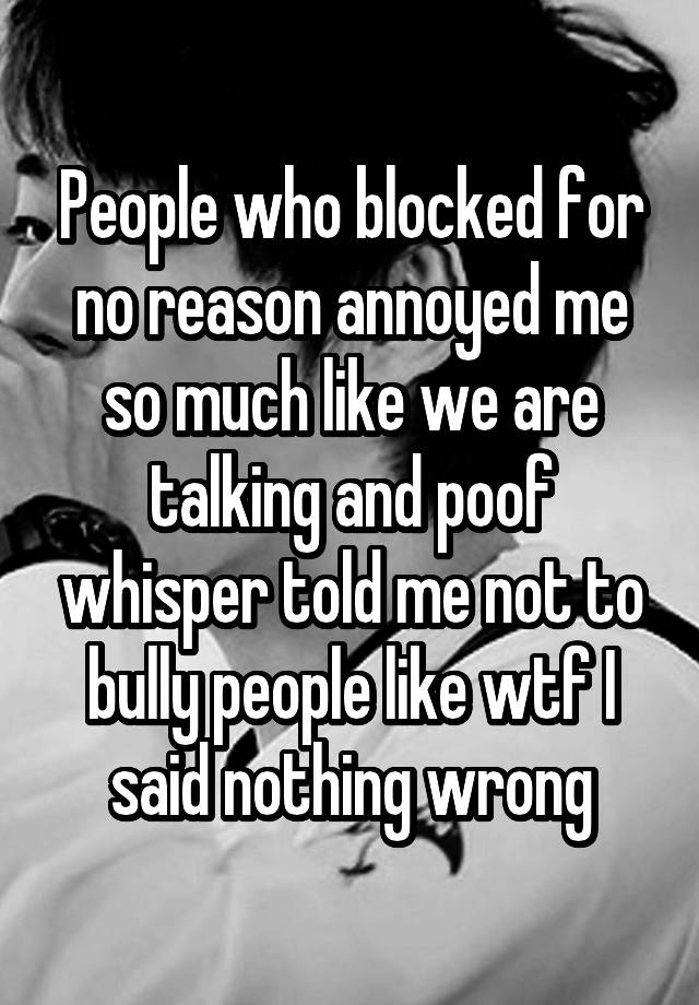 People who blocked for no reason annoyed me so much like we are talking and poof whisper told me not to bully people like wtf I said nothing wrong