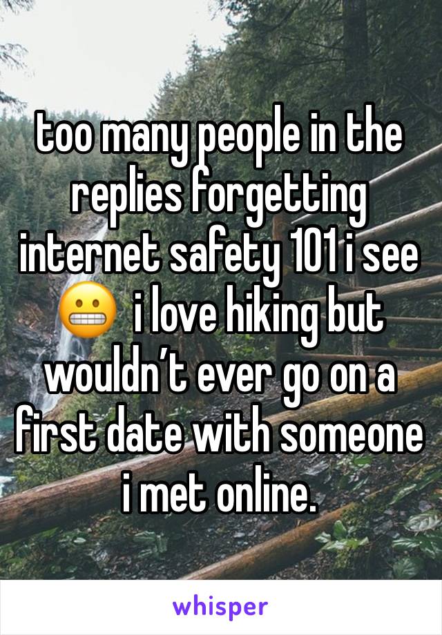 too many people in the replies forgetting internet safety 101 i see 😬  i love hiking but wouldn’t ever go on a first date with someone i met online.  