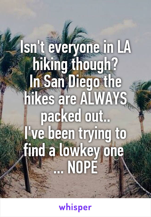 Isn't everyone in LA hiking though?
In San Diego the hikes are ALWAYS packed out..
I've been trying to find a lowkey one 
... NOPE