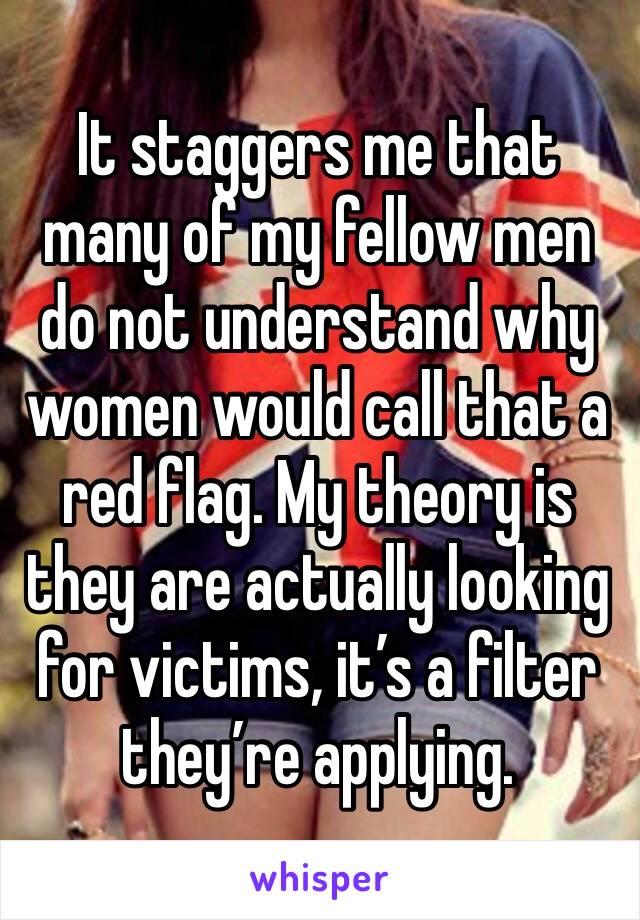 It staggers me that many of my fellow men do not understand why women would call that a red flag. My theory is they are actually looking for victims, it’s a filter they’re applying.