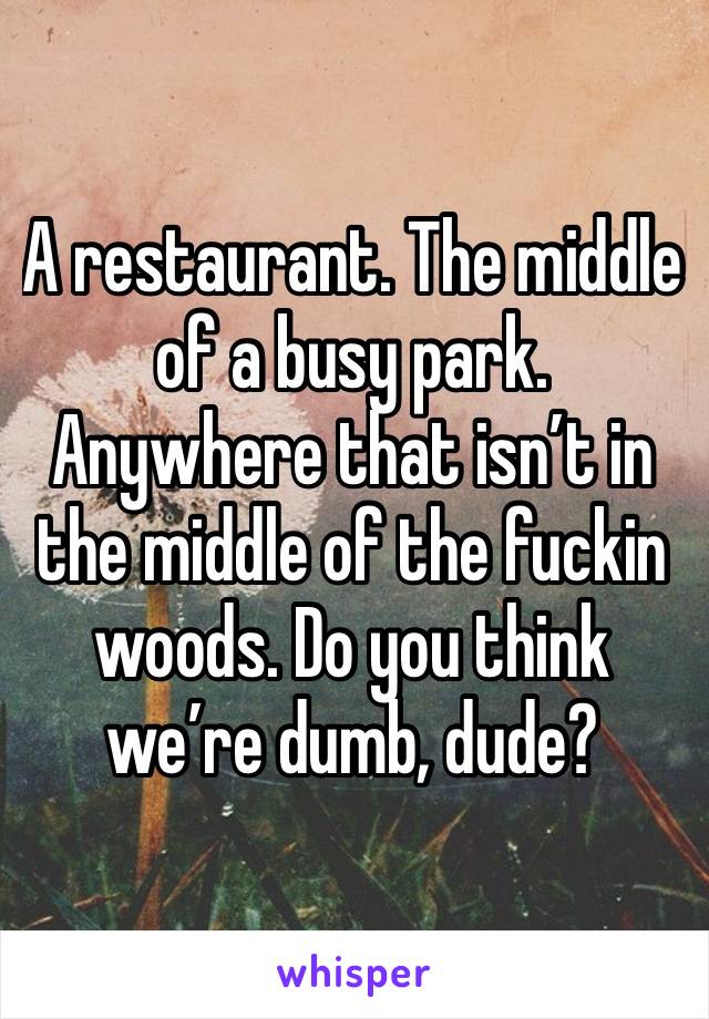 A restaurant. The middle of a busy park. Anywhere that isn’t in the middle of the fuckin woods. Do you think we’re dumb, dude? 