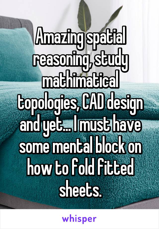 Amazing spatial reasoning, study mathimatical topologies, CAD design and yet... I must have some mental block on how to fold fitted sheets.