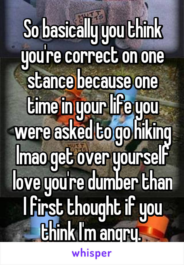 So basically you think you're correct on one stance because one time in your life you were asked to go hiking lmao get over yourself love you're dumber than I first thought if you think I'm angry. 