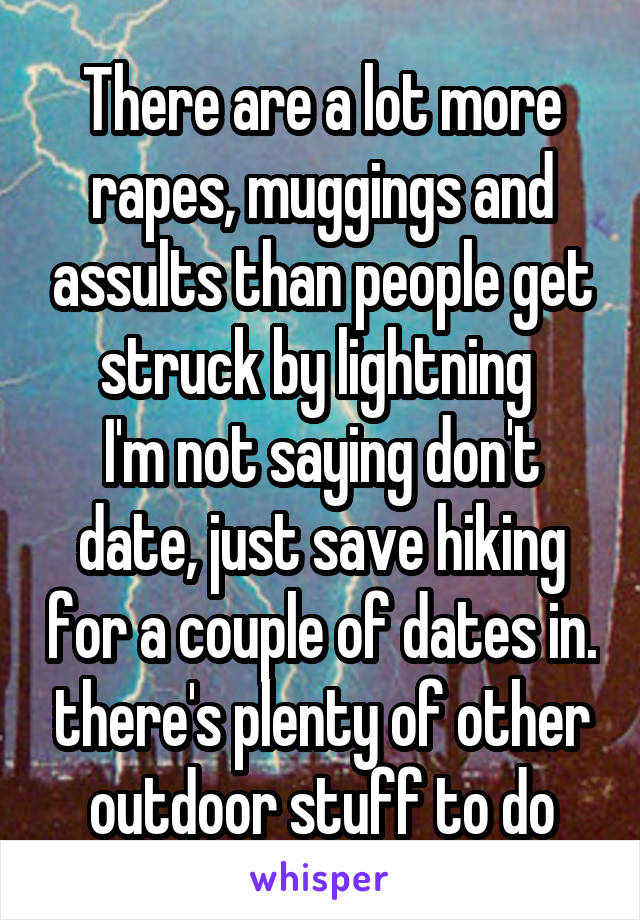 There are a lot more rapes, muggings and assults than people get struck by lightning 
I'm not saying don't date, just save hiking for a couple of dates in. there's plenty of other outdoor stuff to do