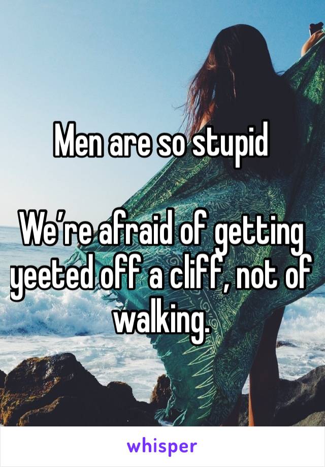 Men are so stupid 

We’re afraid of getting yeeted off a cliff, not of walking.  