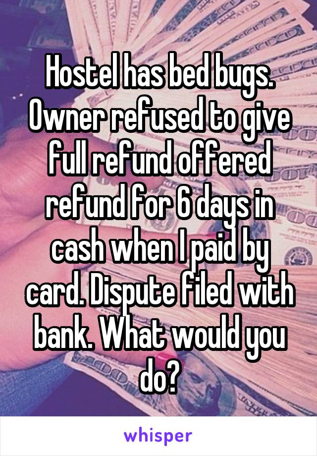 Hostel has bed bugs. Owner refused to give full refund offered refund for 6 days in cash when I paid by card. Dispute filed with bank. What would you do?