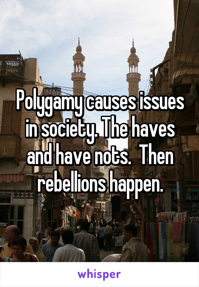 Polygamy causes issues in society. The haves and have nots.  Then rebellions happen.
