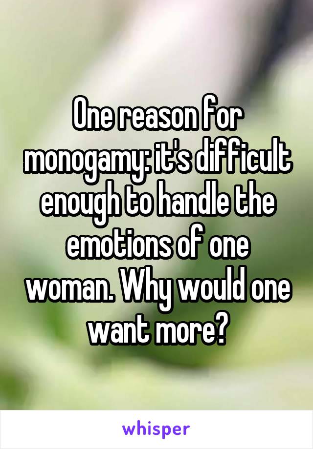 One reason for monogamy: it's difficult enough to handle the emotions of one woman. Why would one want more?