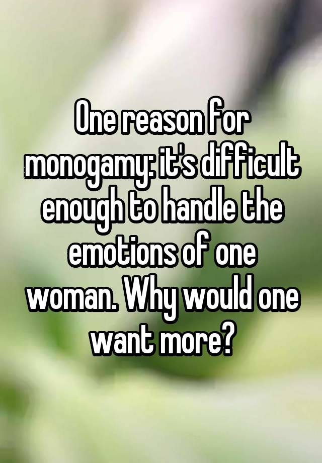 One reason for monogamy: it's difficult enough to handle the emotions of one woman. Why would one want more?