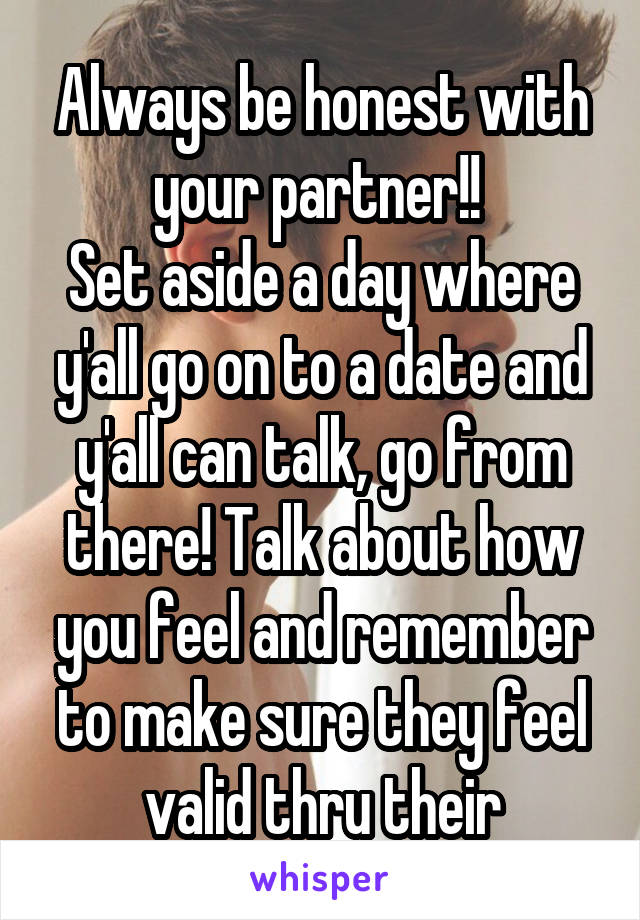 Always be honest with your partner!! 
Set aside a day where y'all go on to a date and y'all can talk, go from there! Talk about how you feel and remember to make sure they feel valid thru their