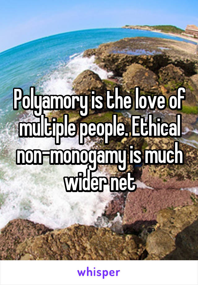 Polyamory is the love of multiple people. Ethical non-monogamy is much wider net