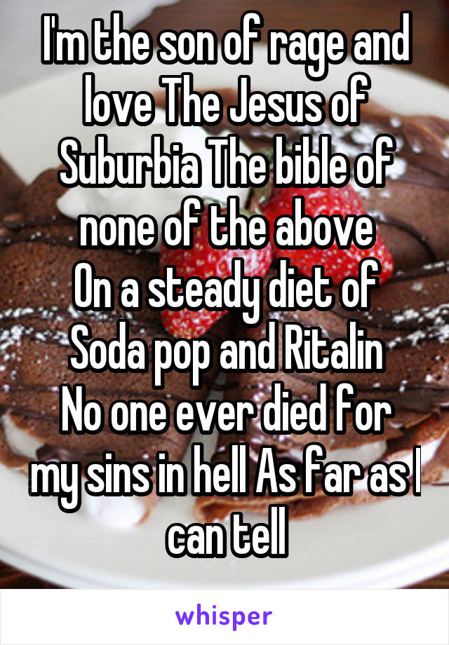 I'm the son of rage and love The Jesus of Suburbia The bible of none of the above
On a steady diet of
Soda pop and Ritalin
No one ever died for my sins in hell As far as I can tell
