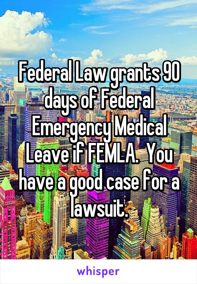 Federal Law grants 90 days of Federal Emergency Medical Leave if FEMLA.  You have a good case for a lawsuit.