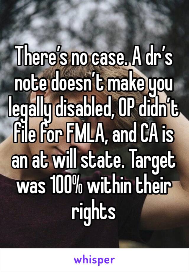 There’s no case. A dr’s note doesn’t make you legally disabled, OP didn’t file for FMLA, and CA is an at will state. Target was 100% within their rights 