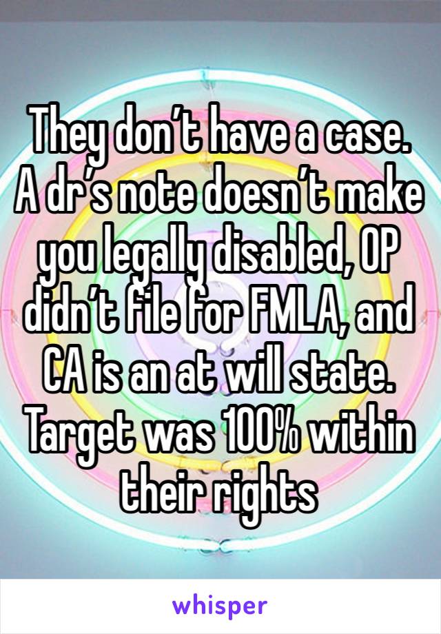 They don’t have a case. A dr’s note doesn’t make you legally disabled, OP didn’t file for FMLA, and CA is an at will state. Target was 100% within their rights 