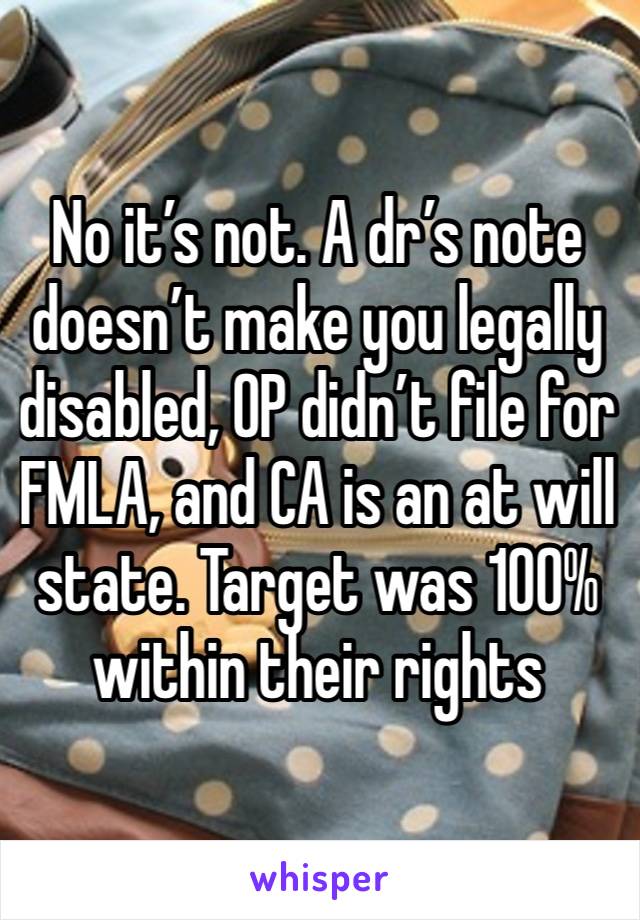 No it’s not. A dr’s note doesn’t make you legally disabled, OP didn’t file for FMLA, and CA is an at will state. Target was 100% within their rights 