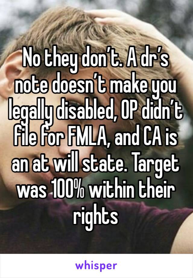 No they don’t. A dr’s note doesn’t make you legally disabled, OP didn’t file for FMLA, and CA is an at will state. Target was 100% within their rights 