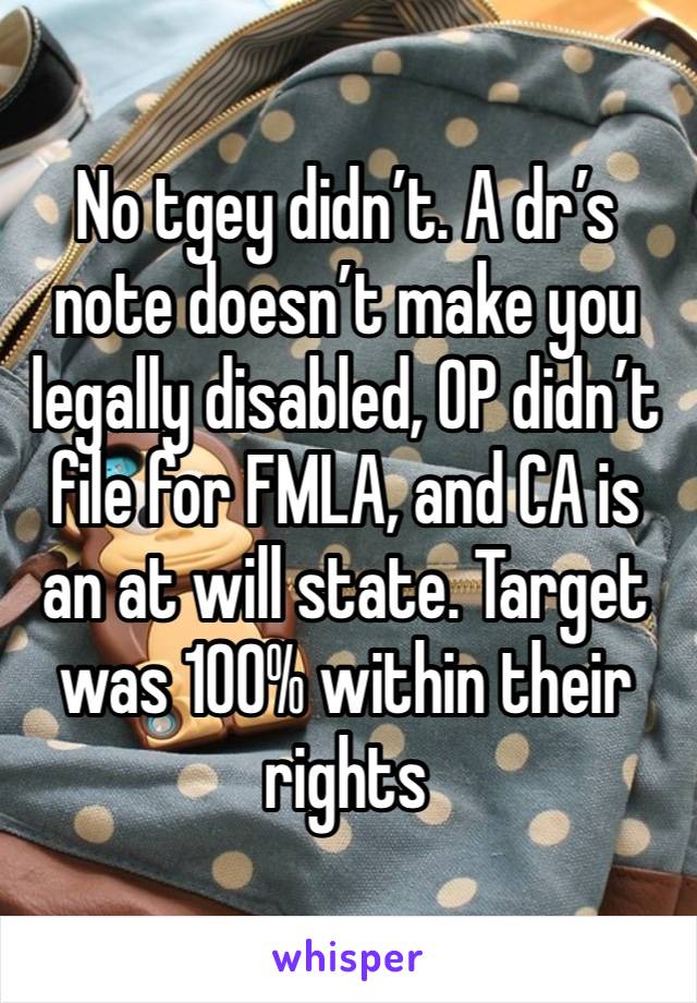 No tgey didn’t. A dr’s note doesn’t make you legally disabled, OP didn’t file for FMLA, and CA is an at will state. Target was 100% within their rights 