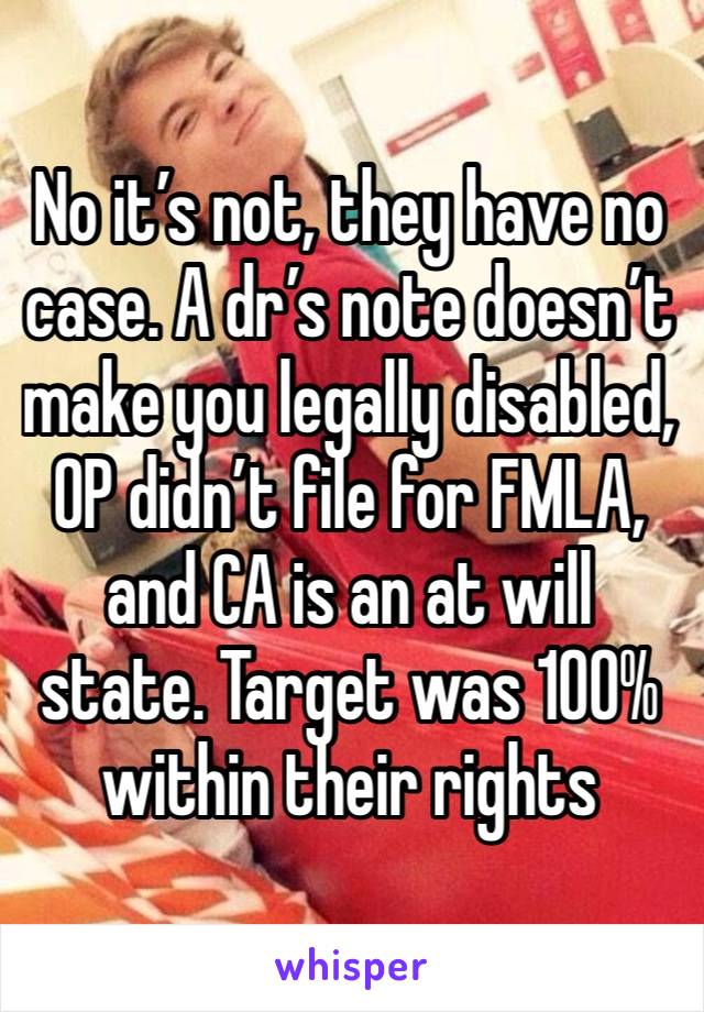 No it’s not, they have no case. A dr’s note doesn’t make you legally disabled, OP didn’t file for FMLA, and CA is an at will state. Target was 100% within their rights 