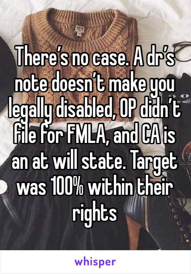 There’s no case. A dr’s note doesn’t make you legally disabled, OP didn’t file for FMLA, and CA is an at will state. Target was 100% within their rights 