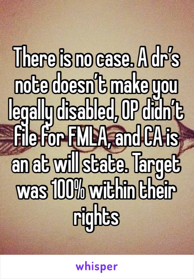 There is no case. A dr’s note doesn’t make you legally disabled, OP didn’t file for FMLA, and CA is an at will state. Target was 100% within their rights 