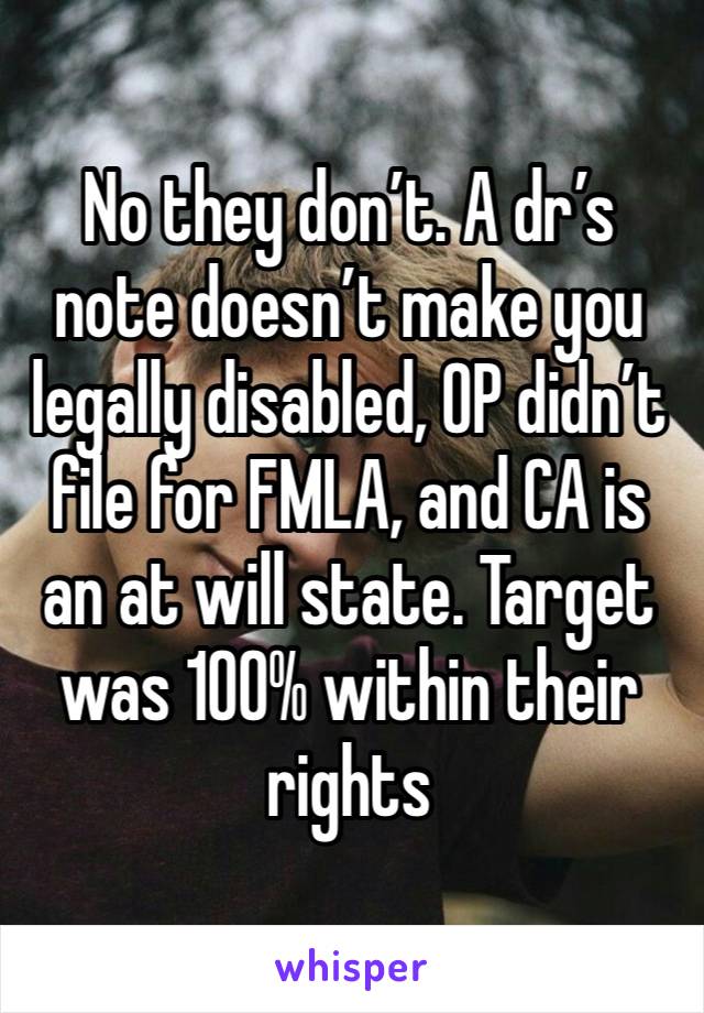 No they don’t. A dr’s note doesn’t make you legally disabled, OP didn’t file for FMLA, and CA is an at will state. Target was 100% within their rights 